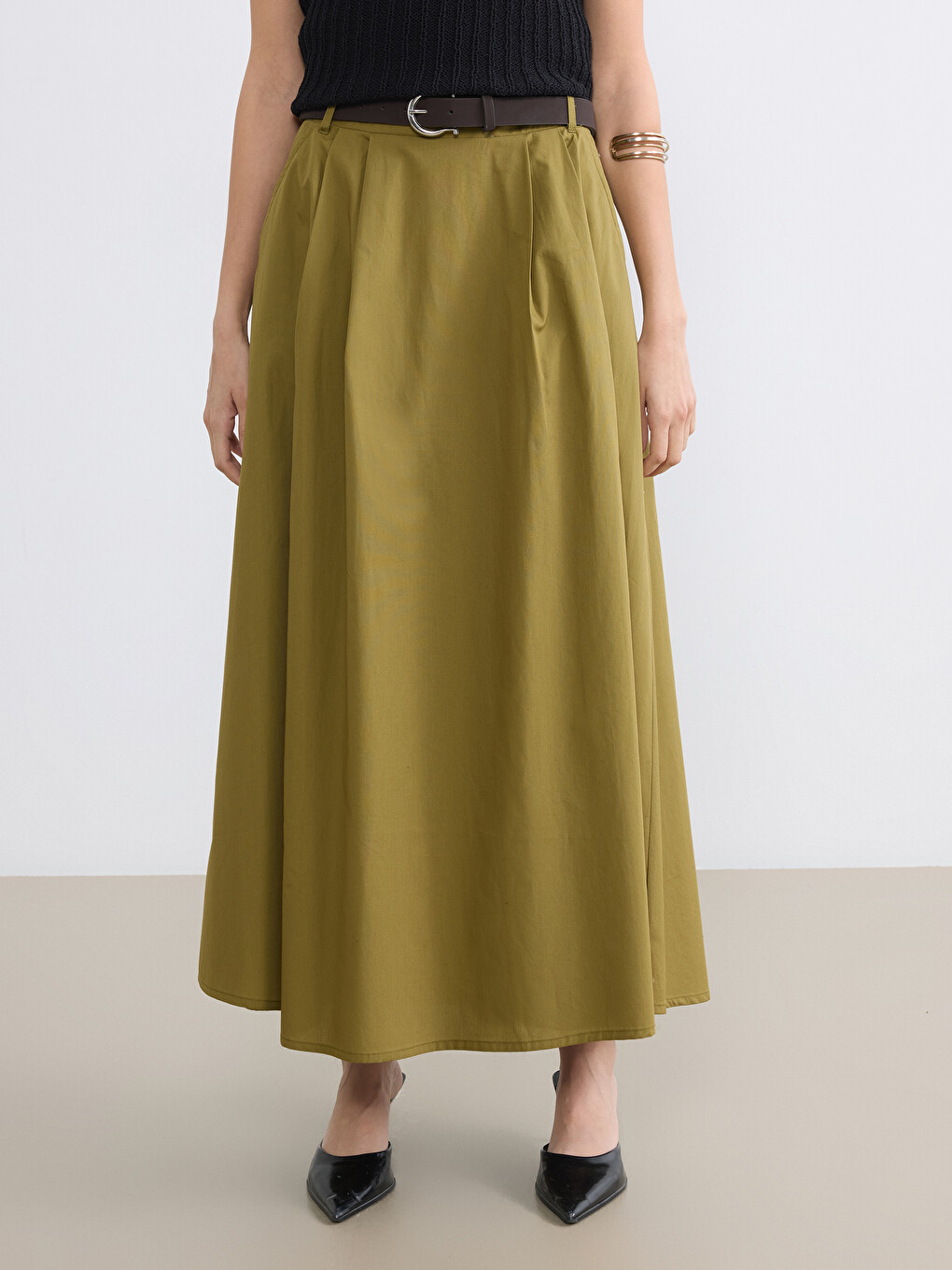 Belted A-line Poplin Skirt-1