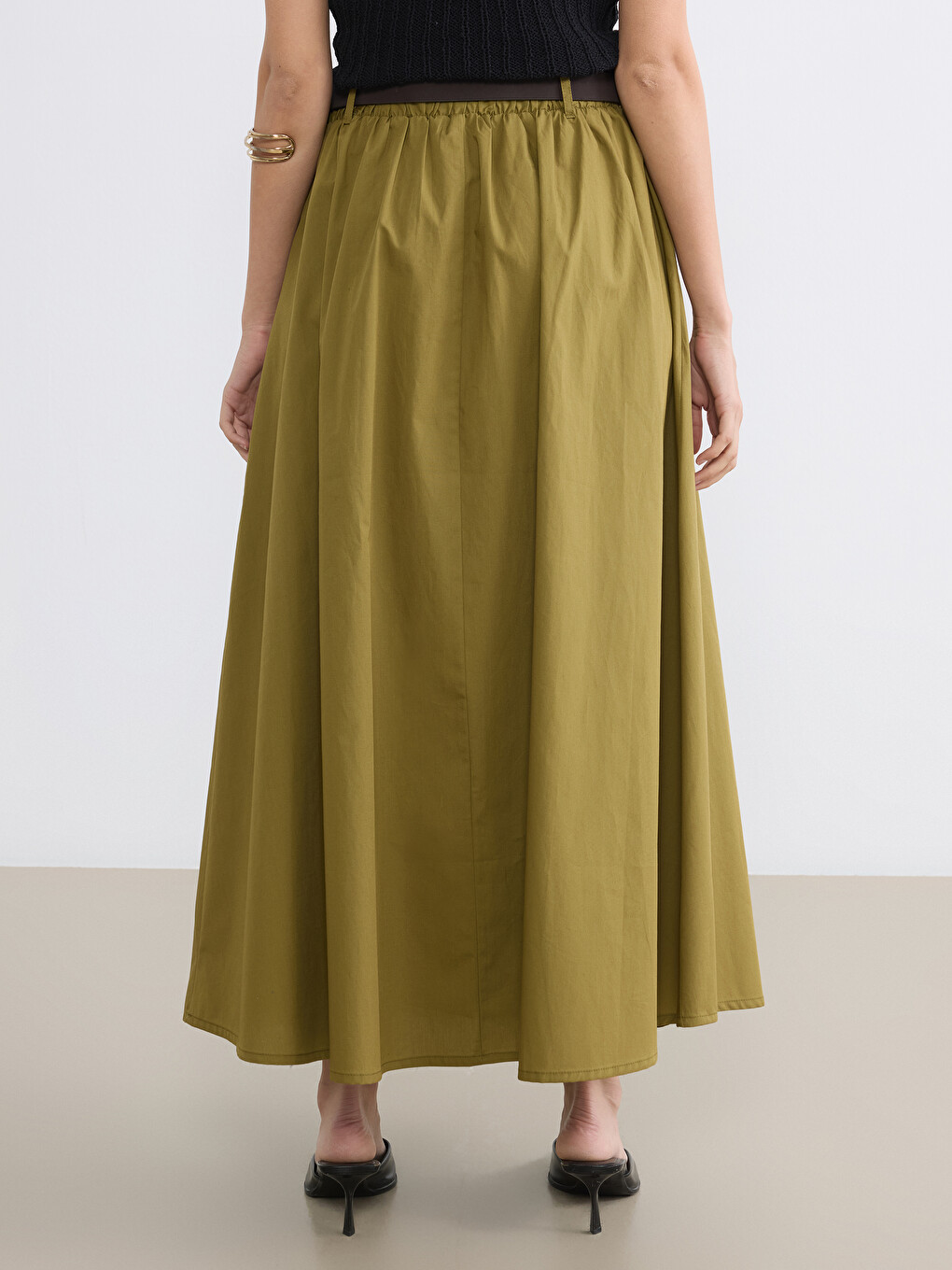 Belted A-line Poplin Skirt-3