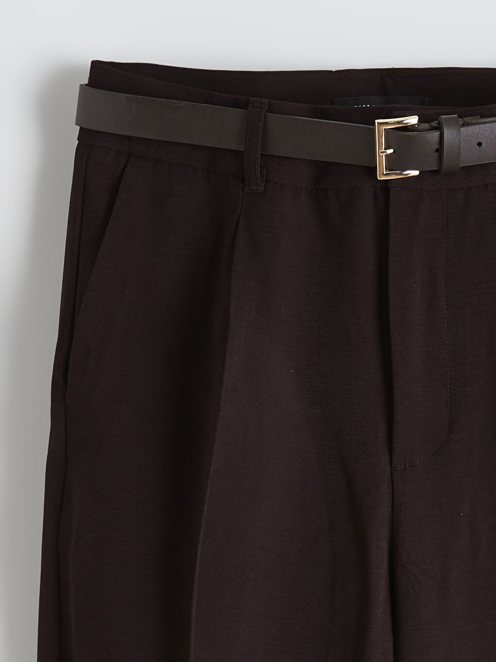 Kahverengi Beli Kemerli Kadın Pileli Pantolon-5