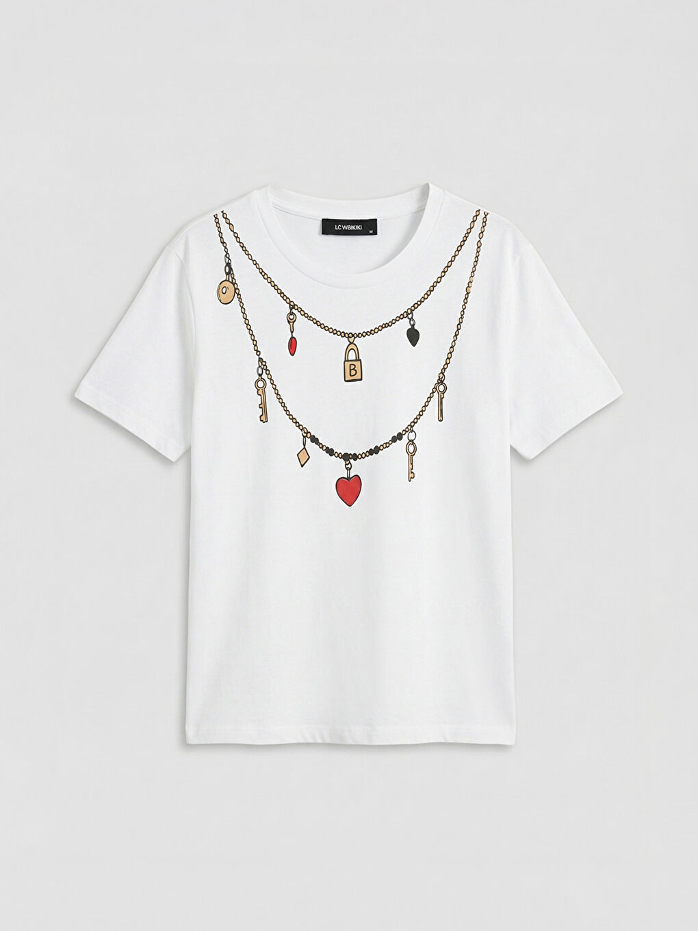 Beyaz Bisiklet Yaka Kolye Baskılı Kadın Tişört