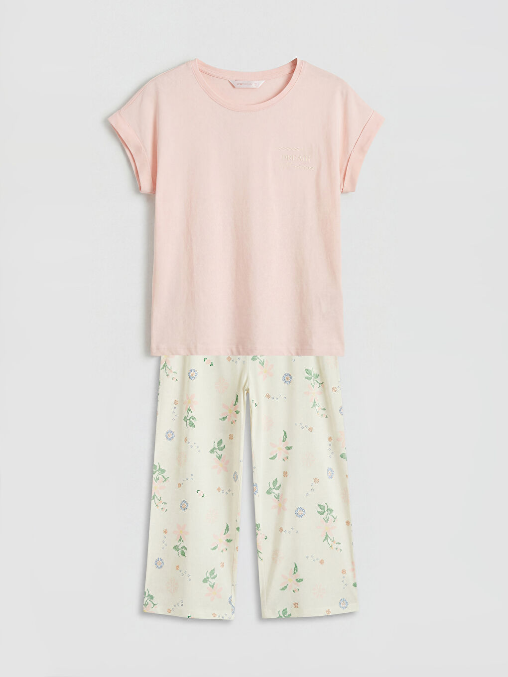 Ekru Bisiklet Yaka Desenli Kadın Kaprili Pijama Takımı