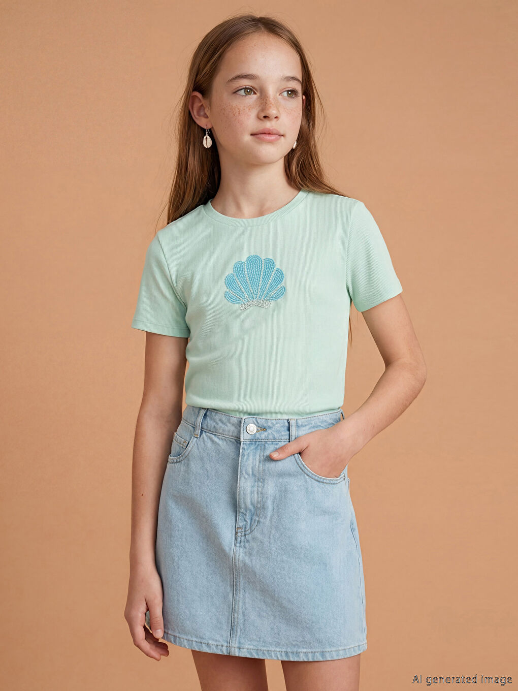 Turkuaz Bisiklet Yaka Nakışlı Kız Çocuk Tişört