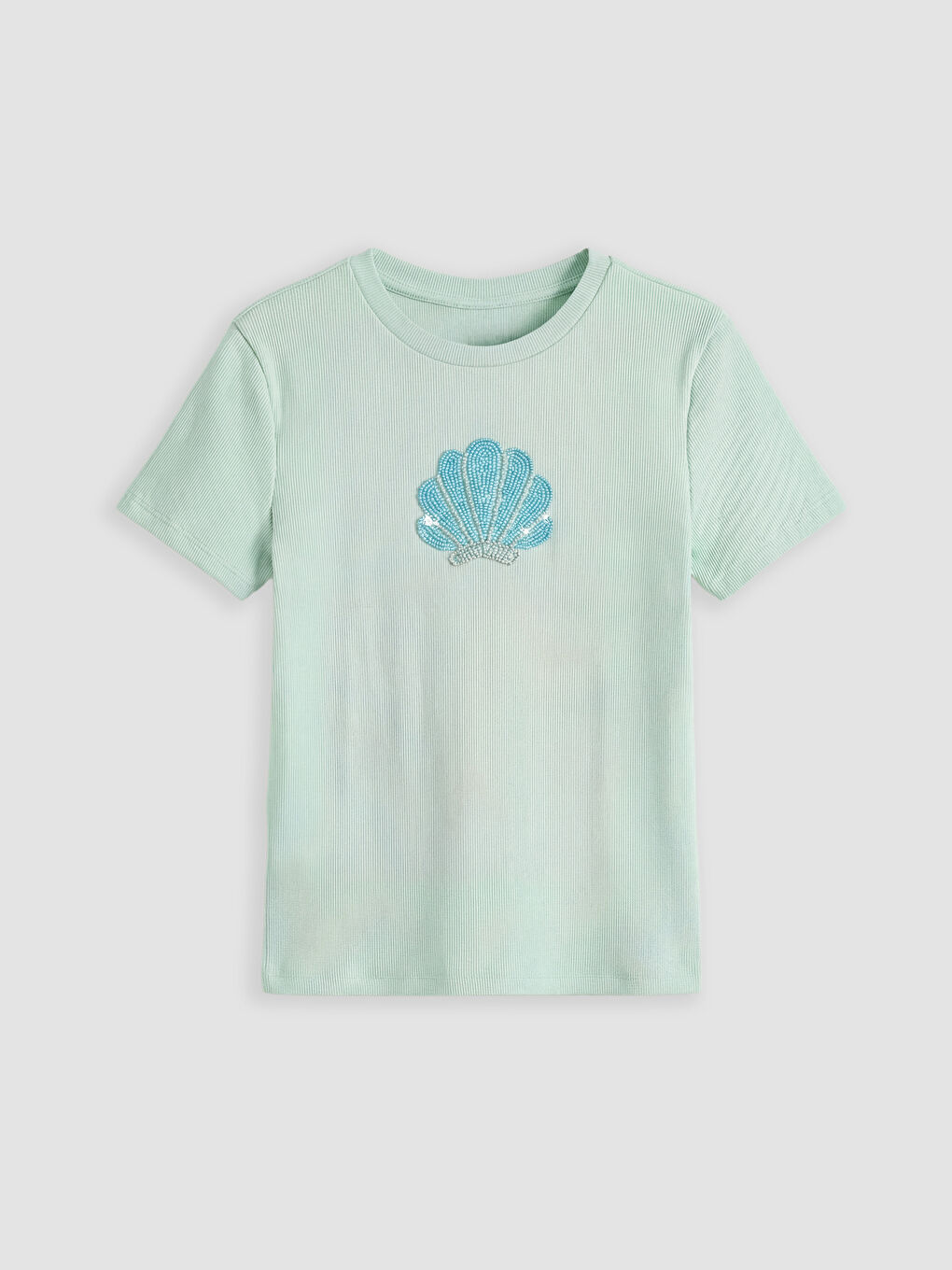 Turkuaz Bisiklet Yaka Nakışlı Kız Çocuk Tişört-1