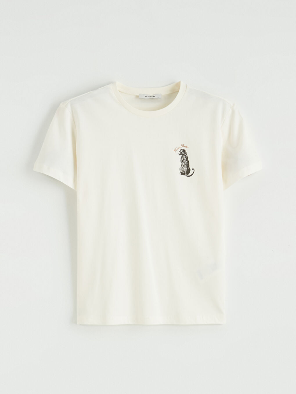 Ekru Bisiklet Yaka Baskılı Kadın Tişört-4