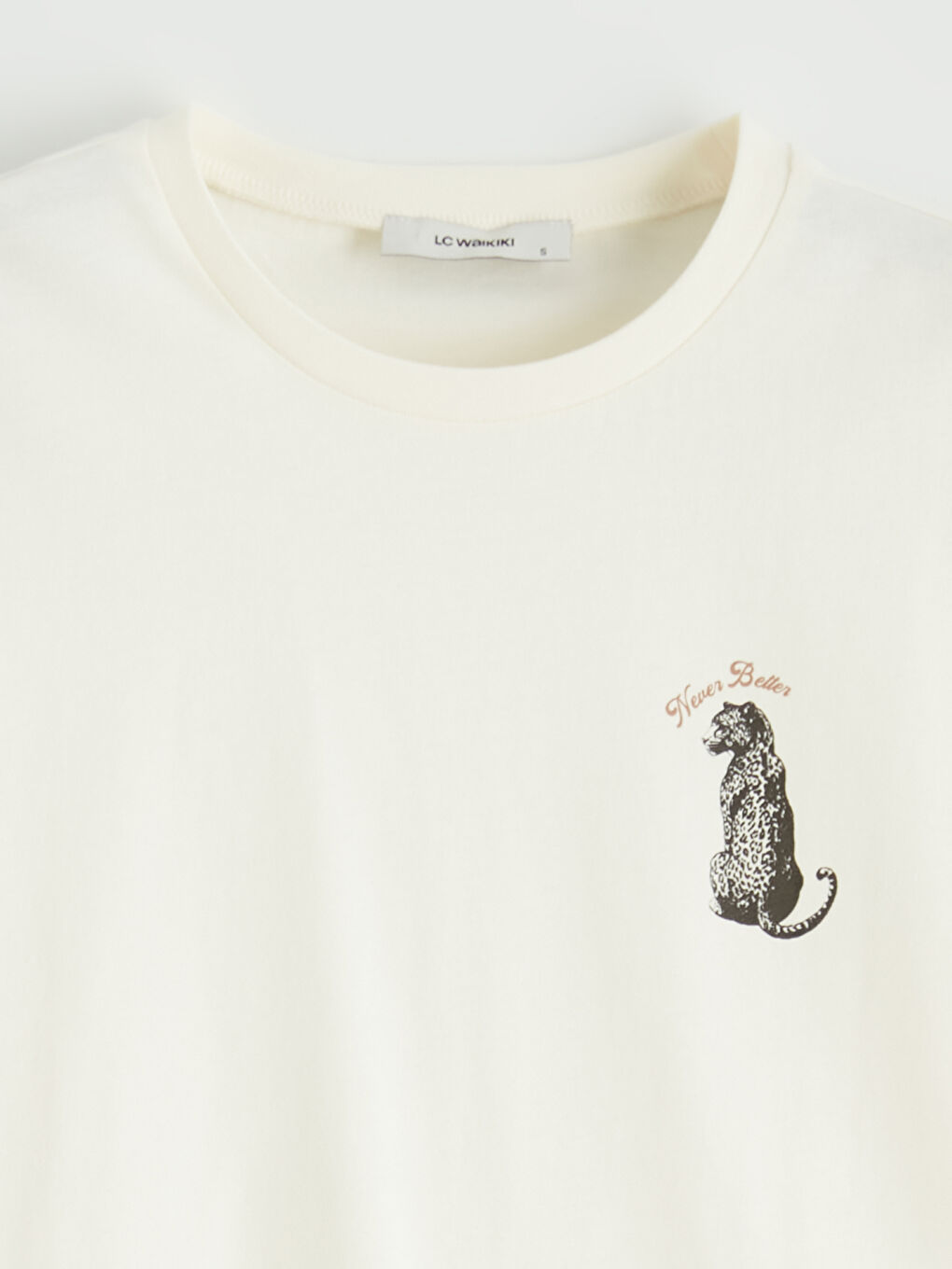 Ekru Bisiklet Yaka Baskılı Kadın Tişört-5