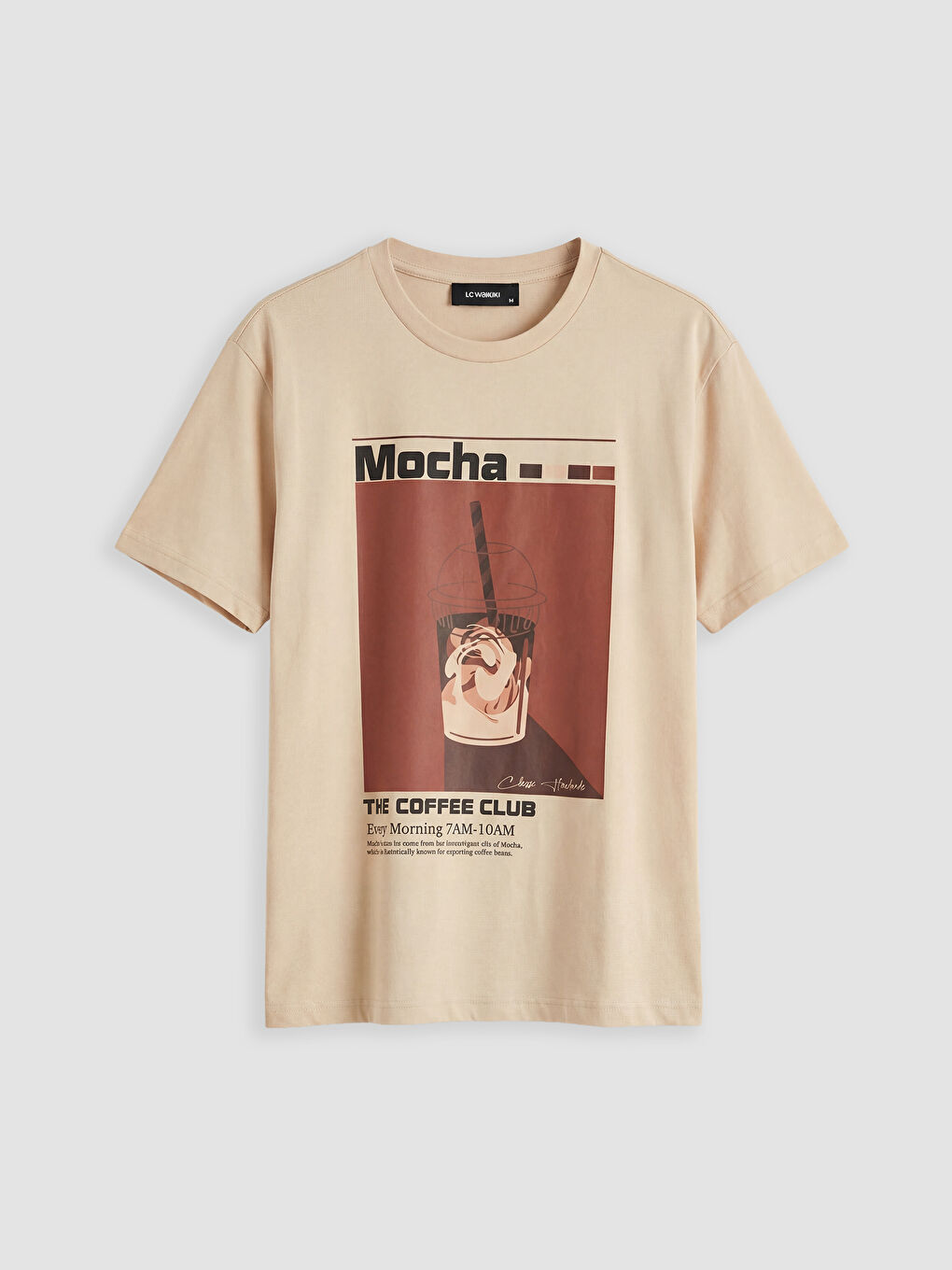 Bej Bisiklet Yaka Baskılı Kadın Tişört