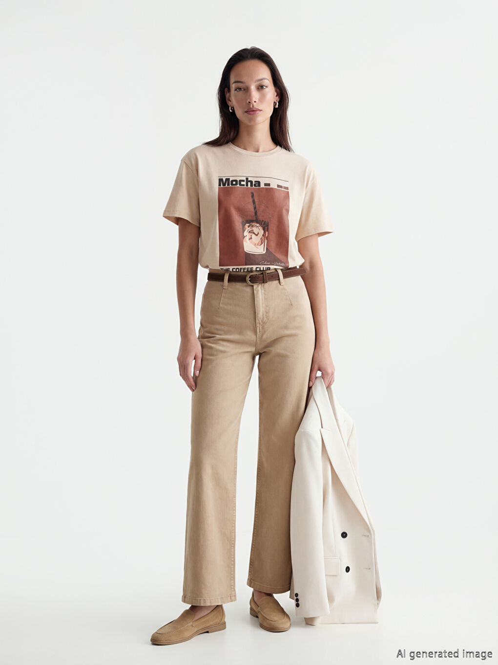 Bej Bisiklet Yaka Baskılı Kadın Tişört-1