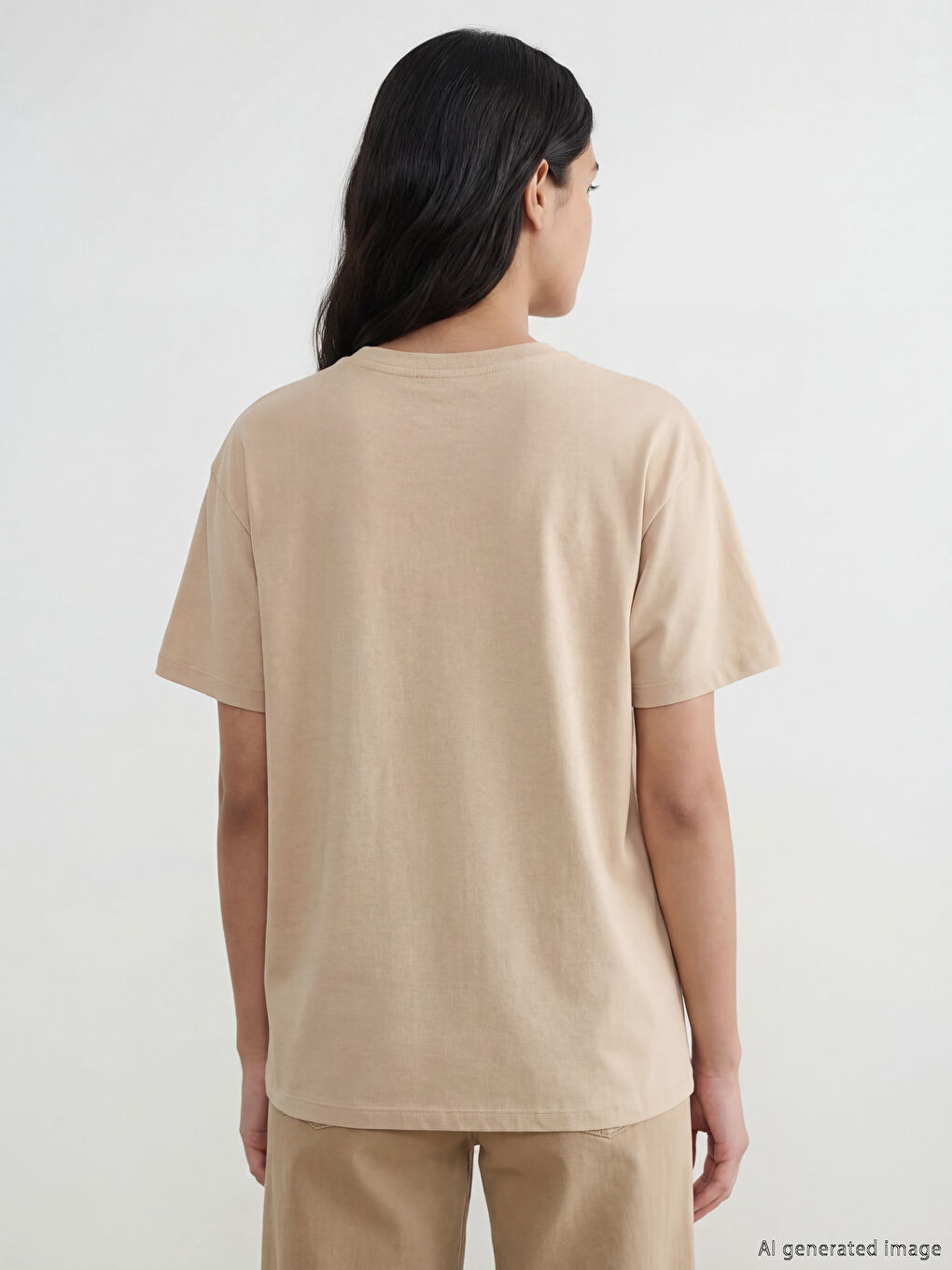 Bej Bisiklet Yaka Baskılı Kadın Tişört-2