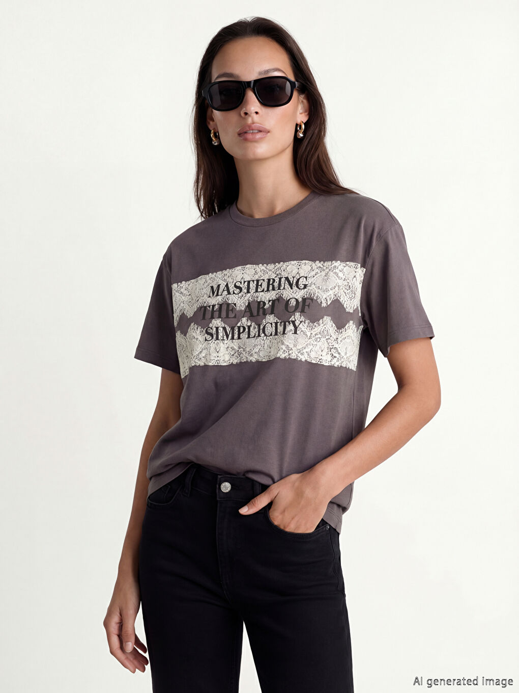 Gri Bisiklet Yaka Baskılı Kadın Tişört