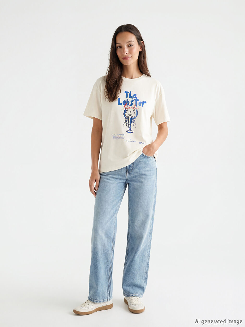 Ekru Bisiklet Yaka Baskılı Kadın Tişört-1