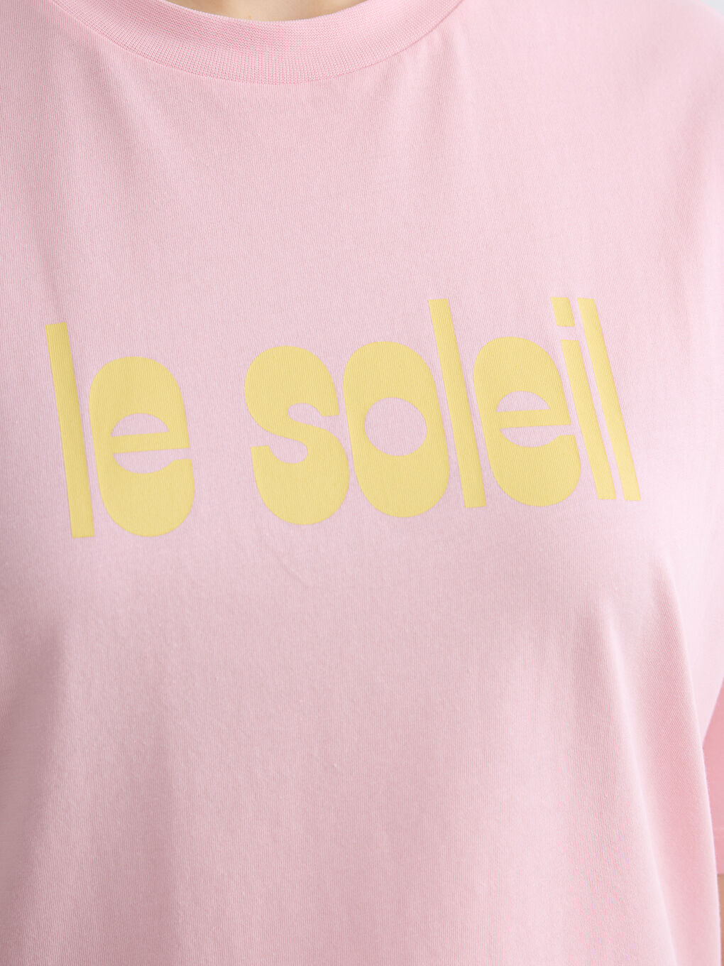 Pembe Bisiklet Yaka Baskılı Oversize Kadın Tişört-2