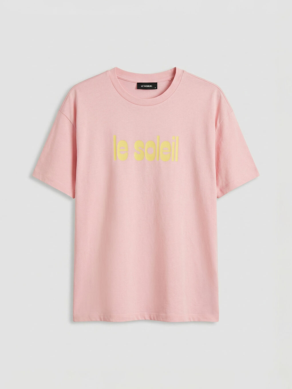 Pembe Bisiklet Yaka Baskılı Oversize Kadın Tişört-4