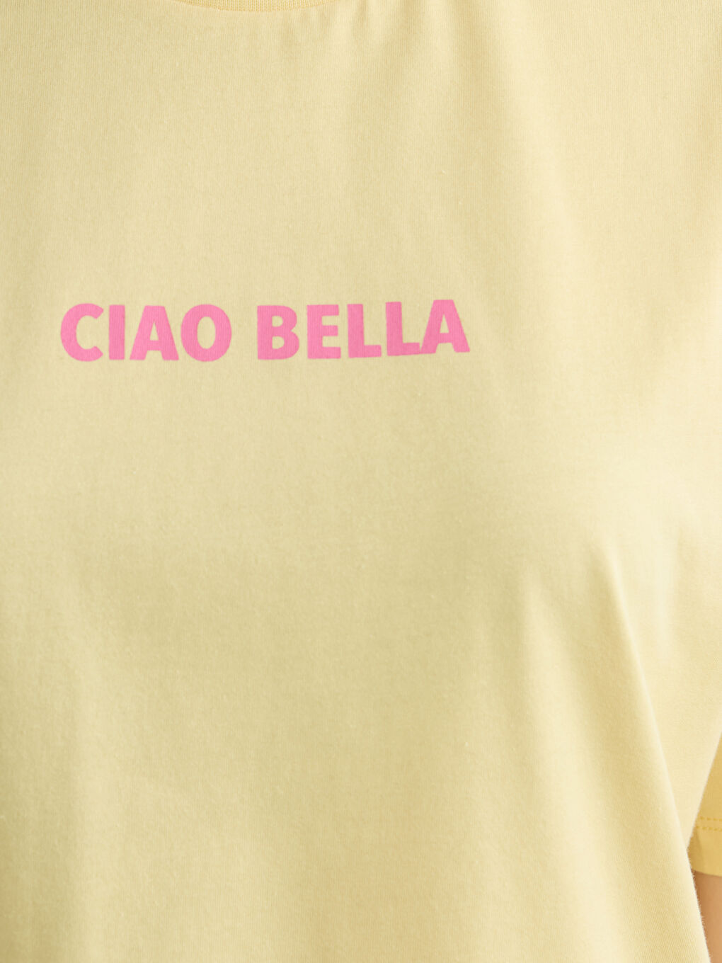 Sarı Bisiklet Yaka Baskılı Oversize Kadın Tişört	-2