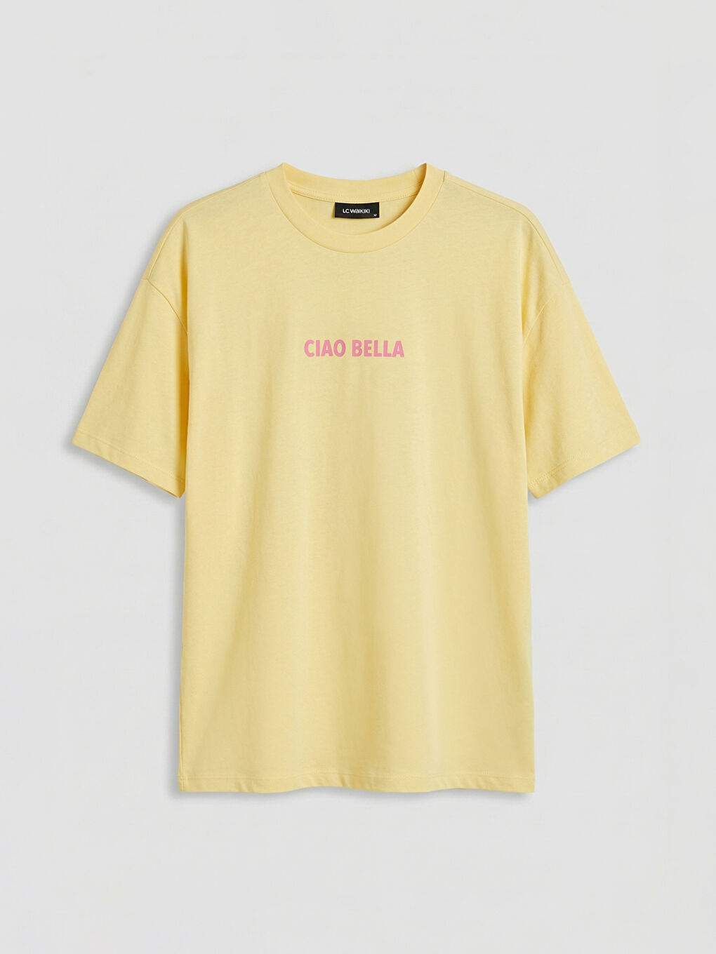 Sarı Bisiklet Yaka Baskılı Oversize Kadın Tişört	-4