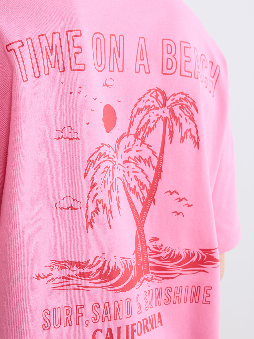 Pembe Bisiklet Yaka Baskılı Oversize Kadın Tişört-2