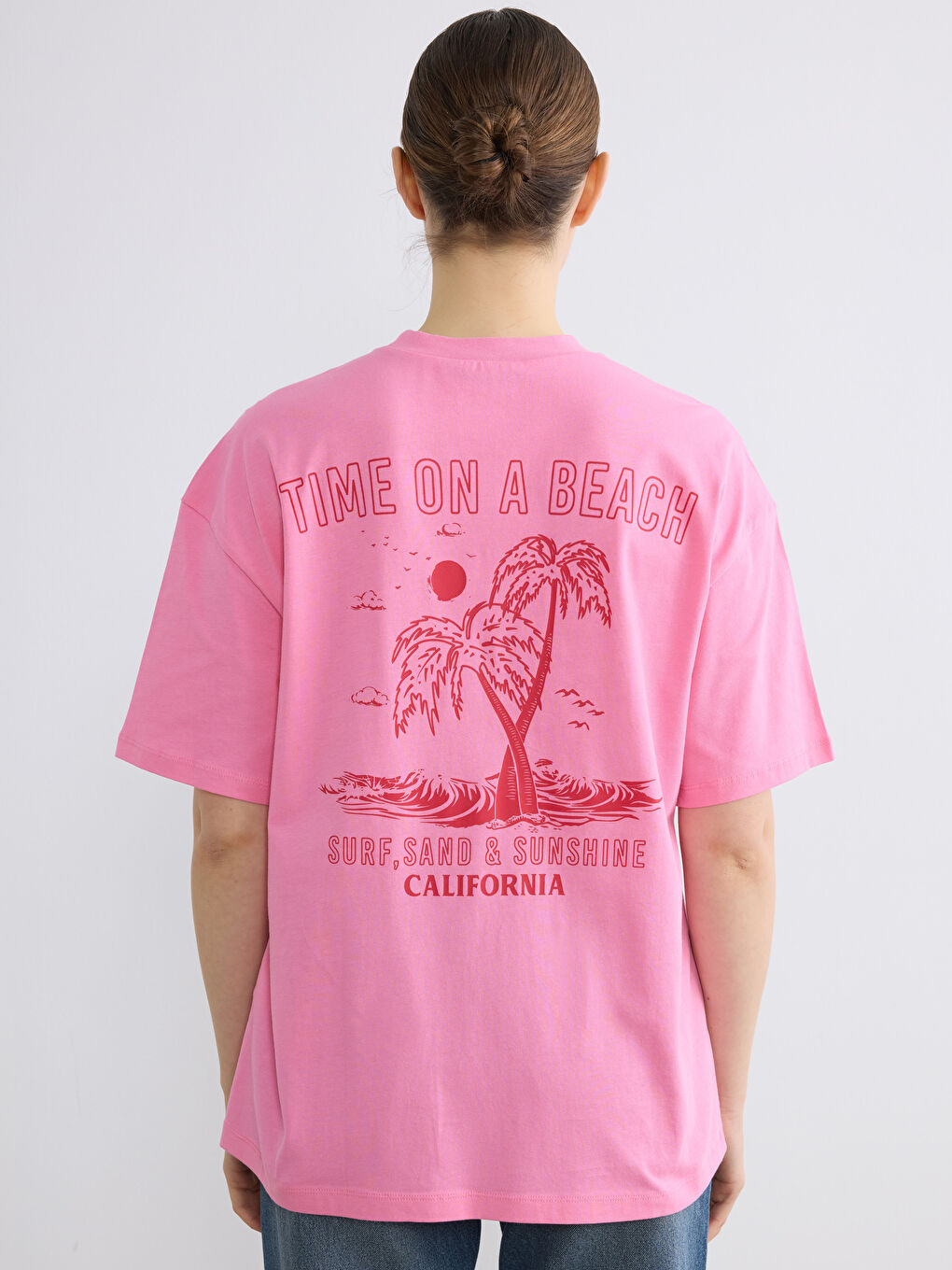 Pembe Bisiklet Yaka Baskılı Oversize Kadın Tişört-3