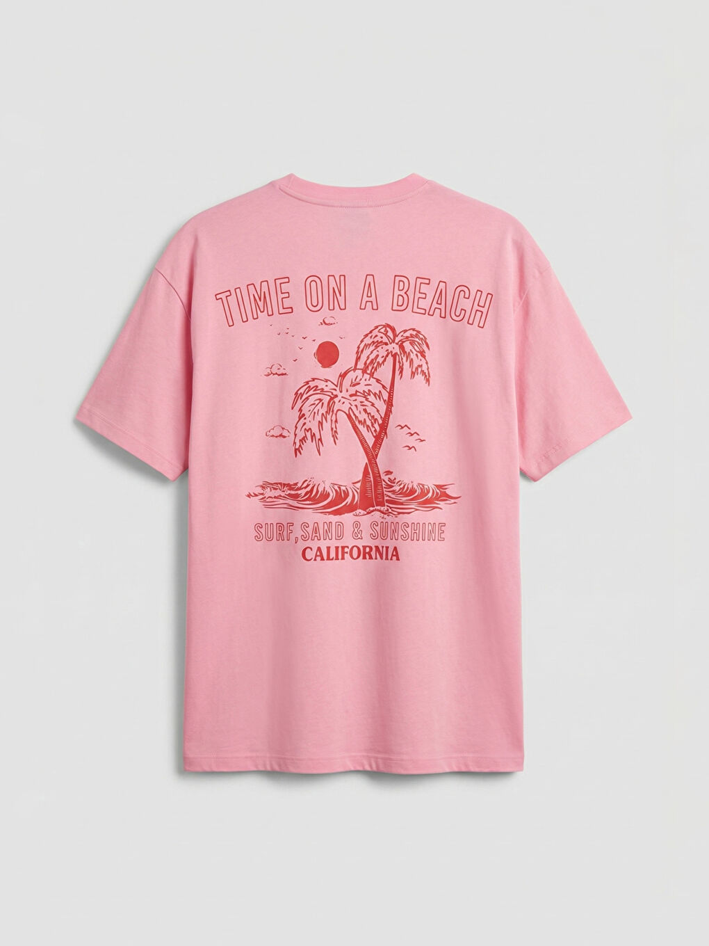 Pembe Bisiklet Yaka Baskılı Oversize Kadın Tişört-5