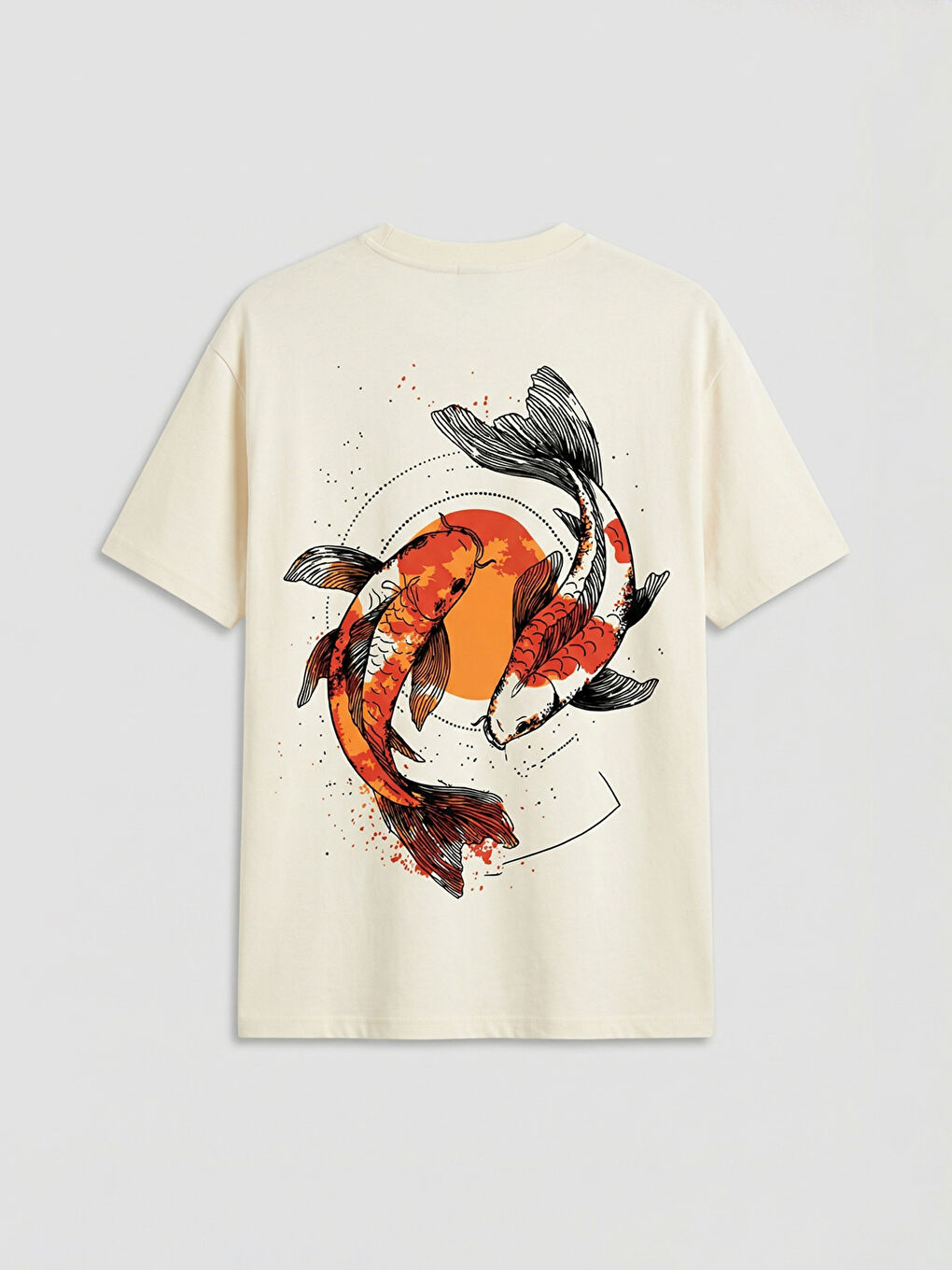 Ekru Bisiklet Yaka Balık Baskılı Oversize Kadın Tişört-6