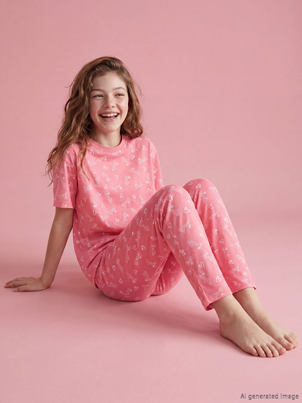 Pembe Baskılı Bisiklet Yaka Kız Çocuk Pijama Takım