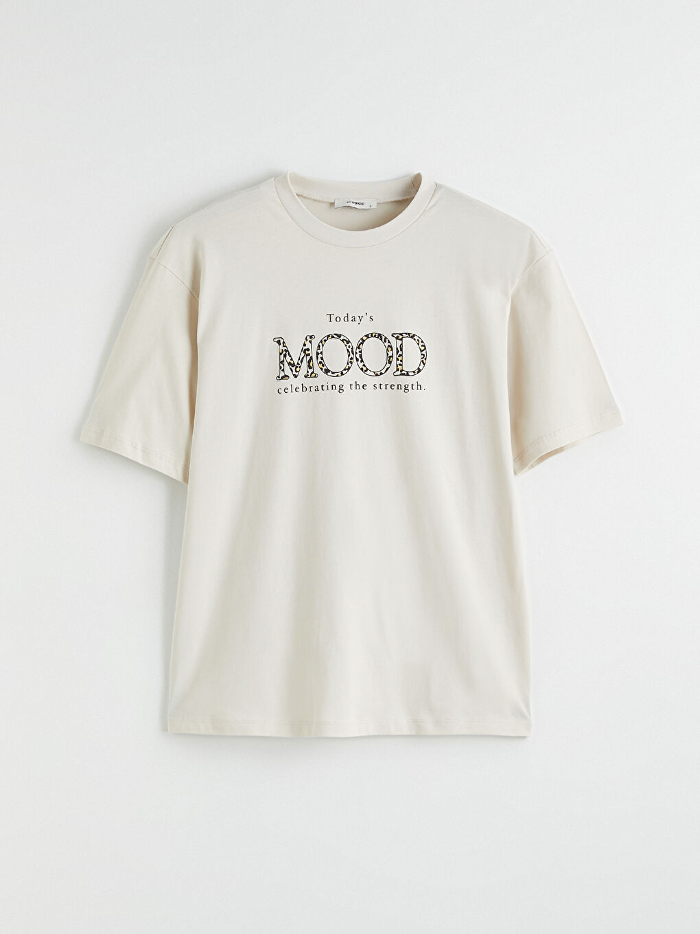 Bej Bisiklet Yaka Baskılı Oversize Kadın Tişört