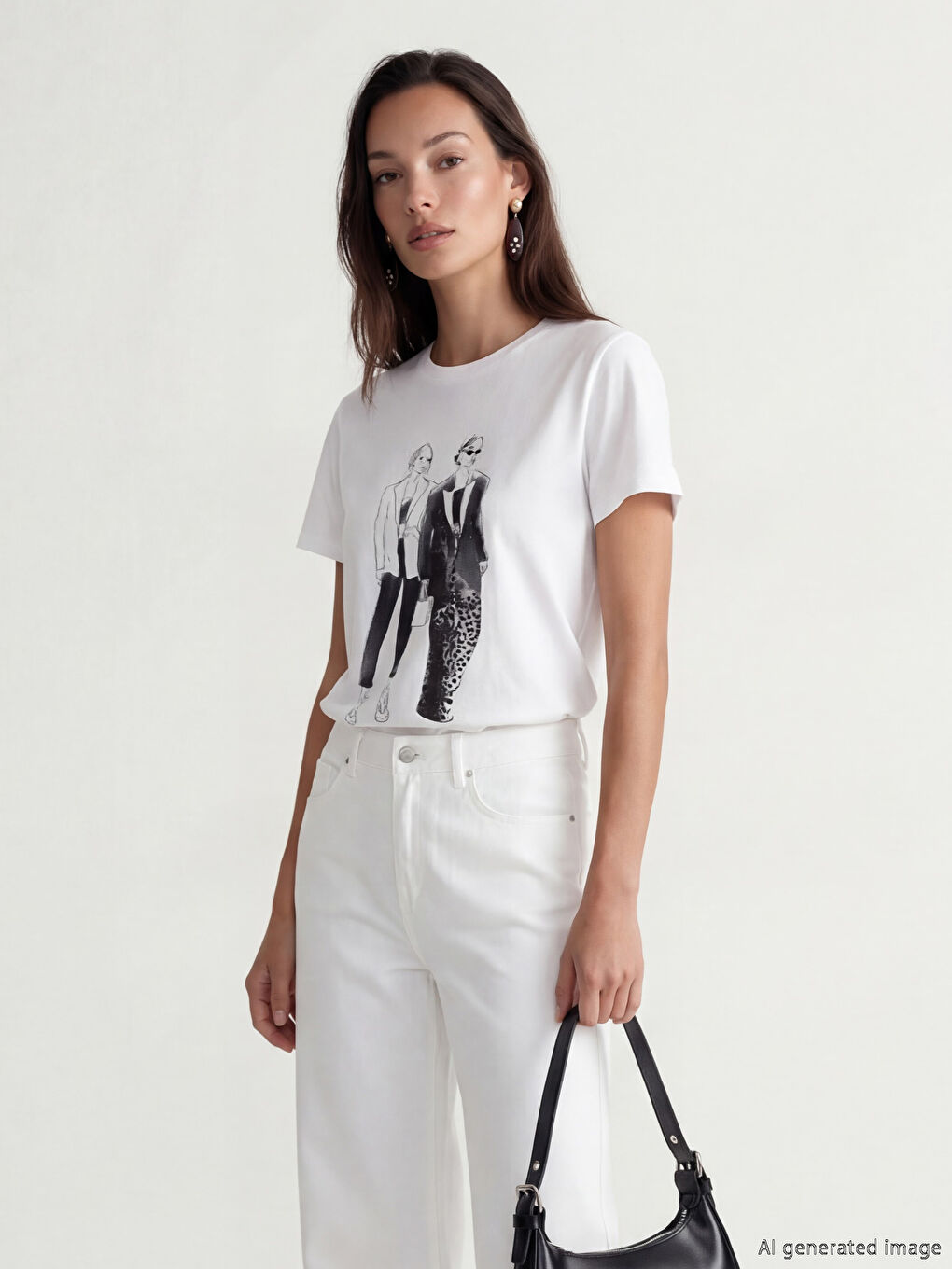 Beyaz Bisiklet Yaka Baskılı Kadın Tişört