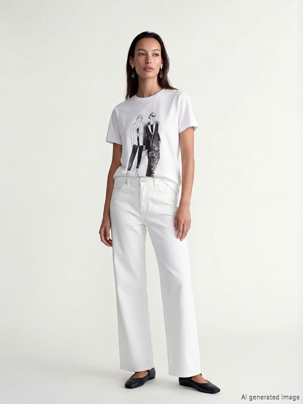 Beyaz Bisiklet Yaka Baskılı Kadın Tişört-1