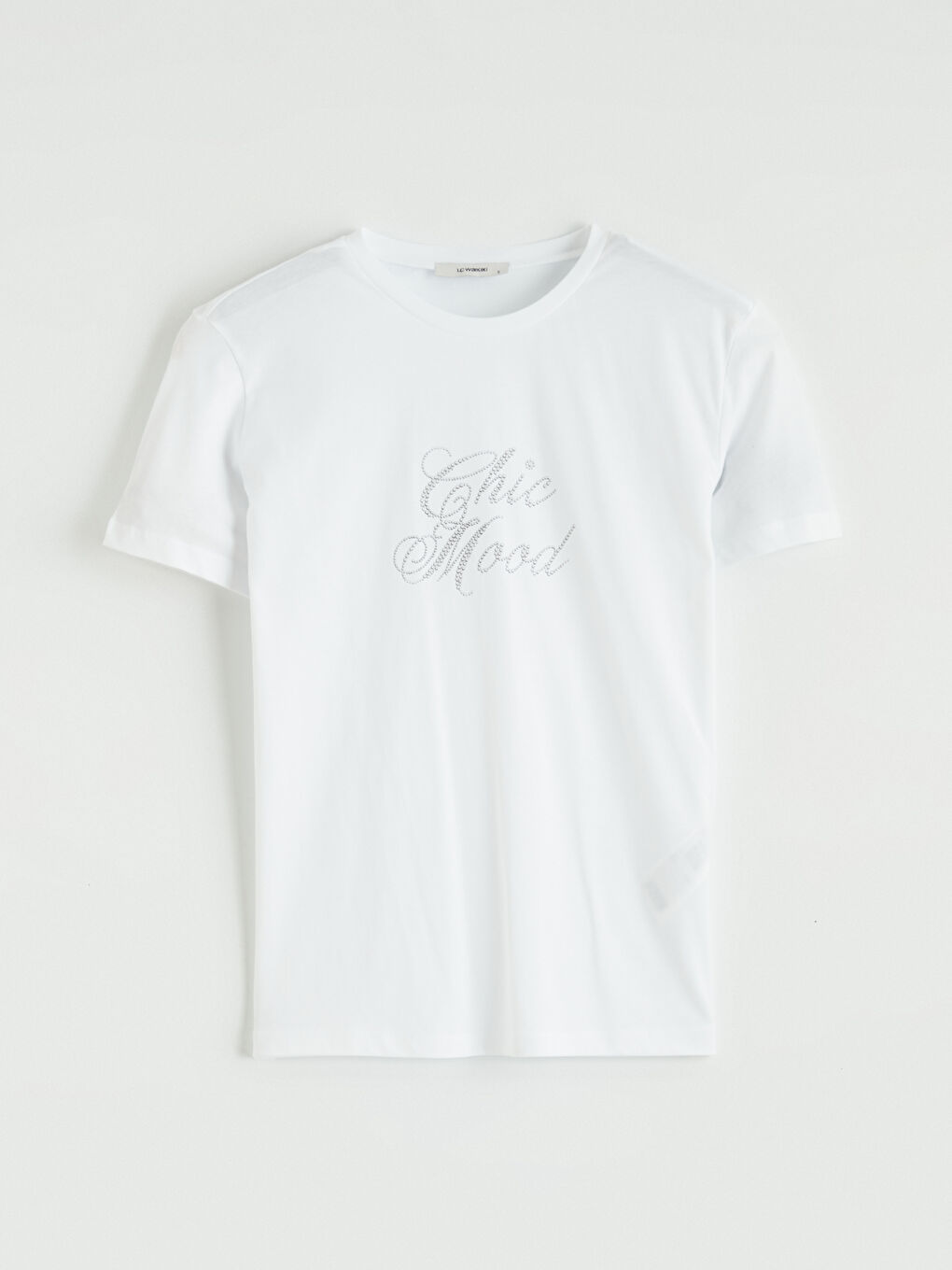 Beyaz Bisiklet Yaka Taşlı Kadın Tişört-4