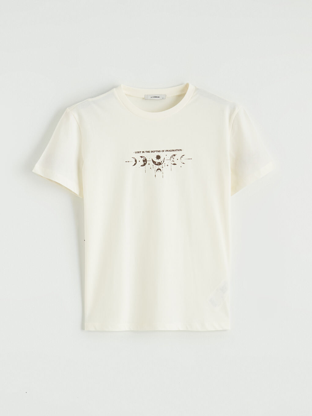 Ekru Bisiklet Yaka Baskılı Kadın Tişört-4