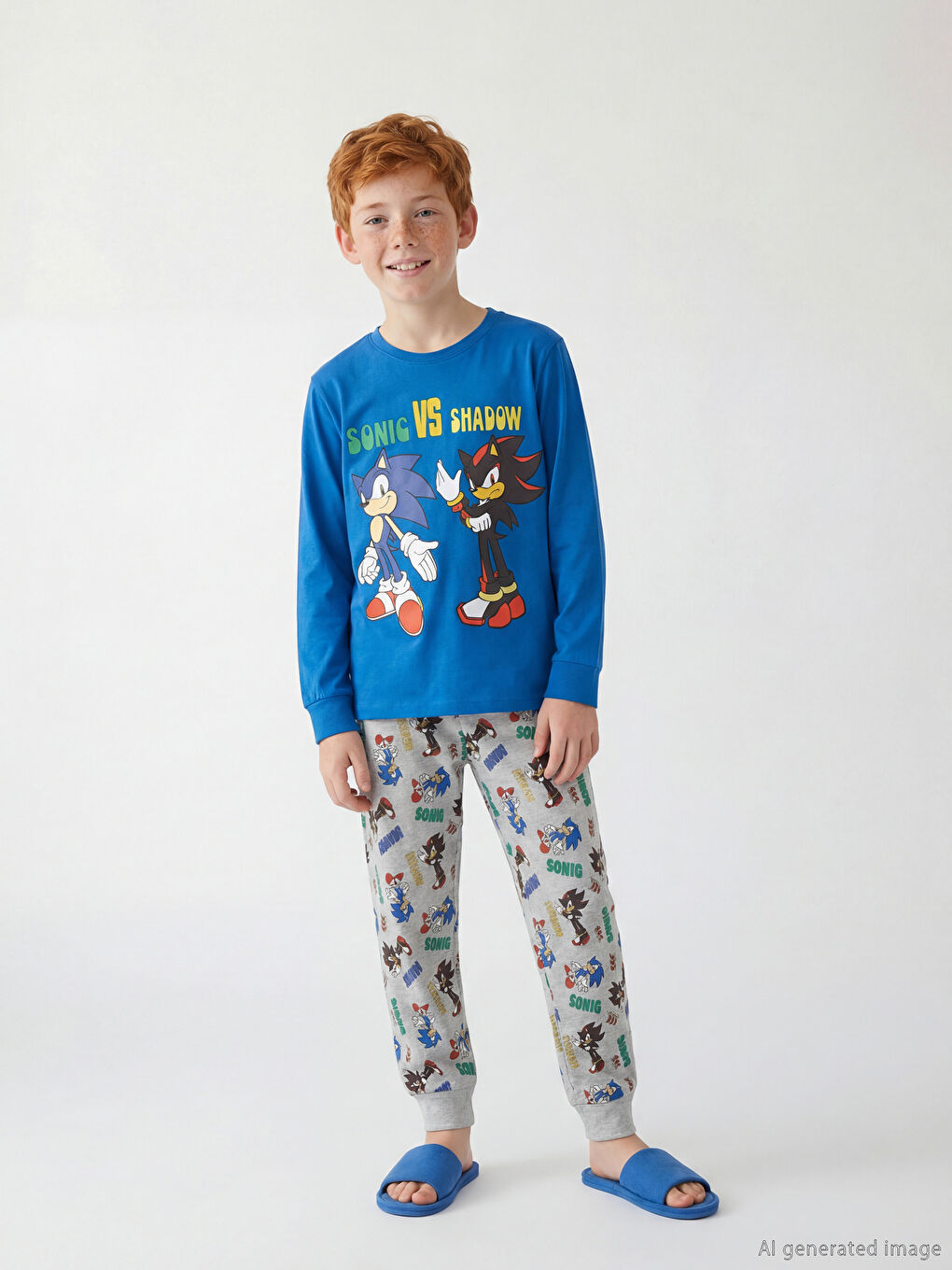 Mavi Sonic Baskılı Bisiklet Yaka Erkek Çocuk Pijama Takım