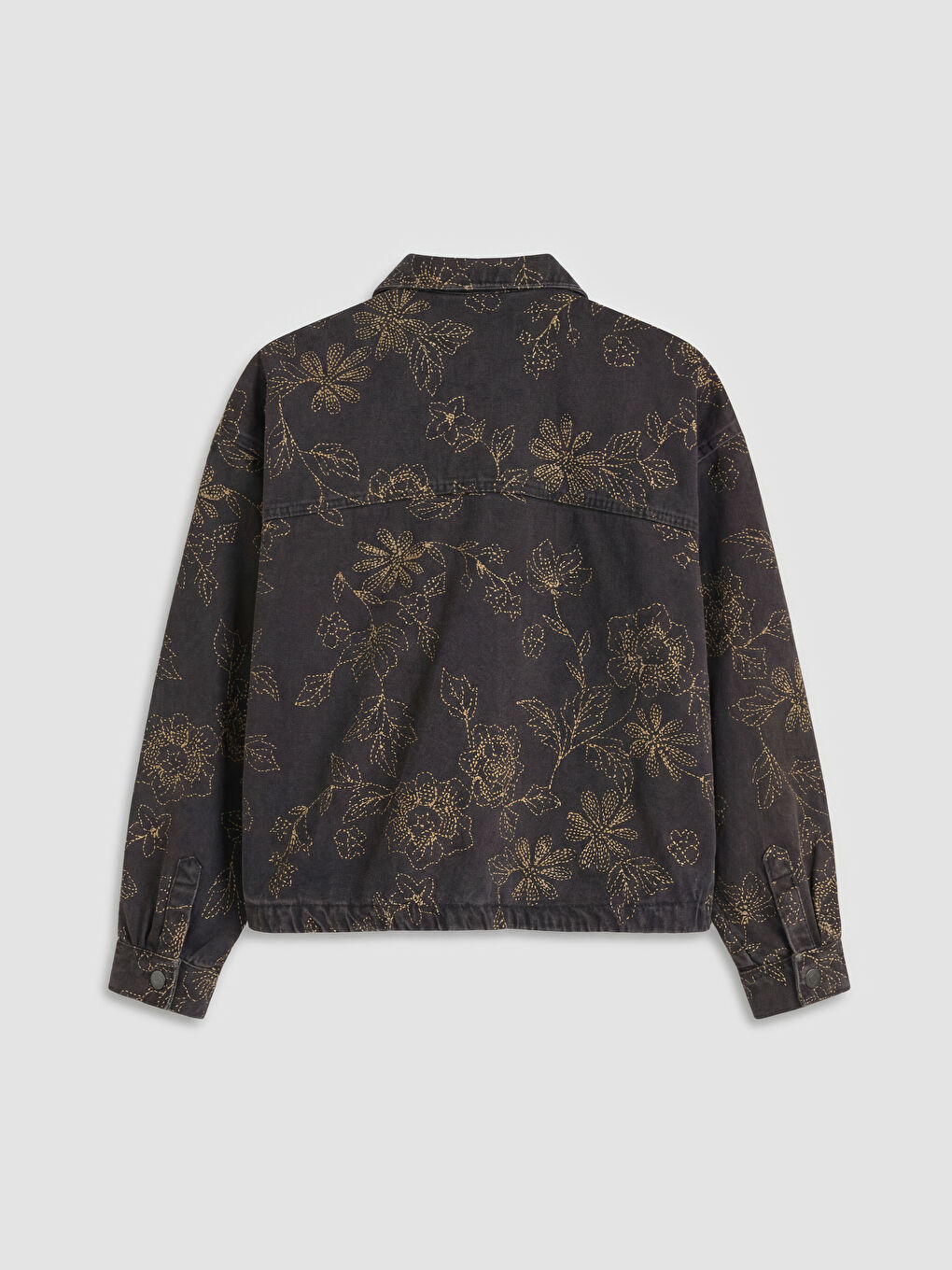 Kahverengi Gömlek Yaka Çiçek Nakışlı Kadın Jean Ceket-1