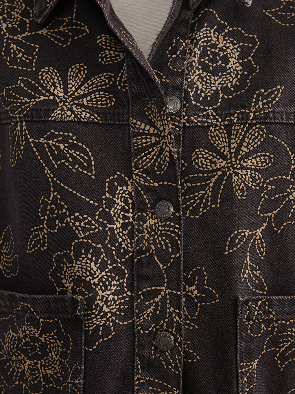 Kahverengi Gömlek Yaka Çiçekli Kadın Jean Ceket-2