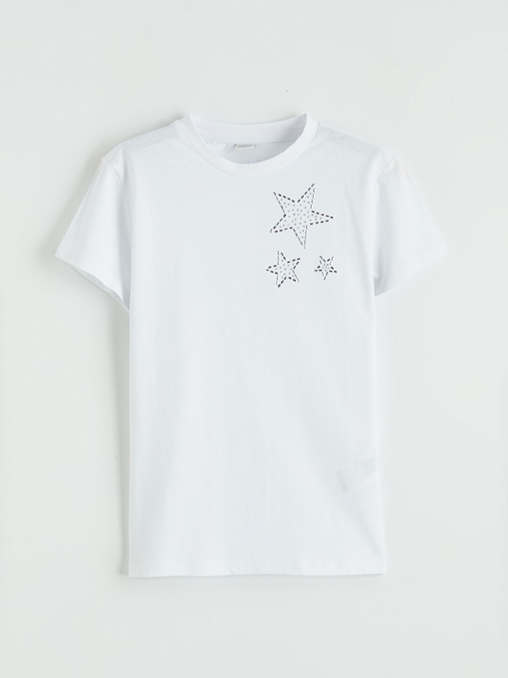 Beyaz Bisiklet Yaka Yıldız Baskılı Kız Çocuk Tişört