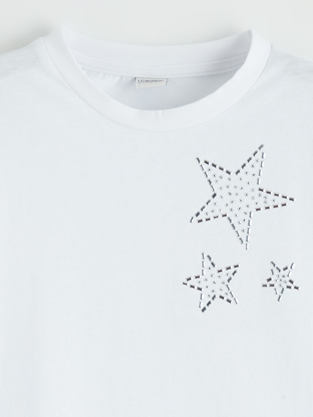 Beyaz Bisiklet Yaka Yıldız Baskılı Kız Çocuk Tişört-1