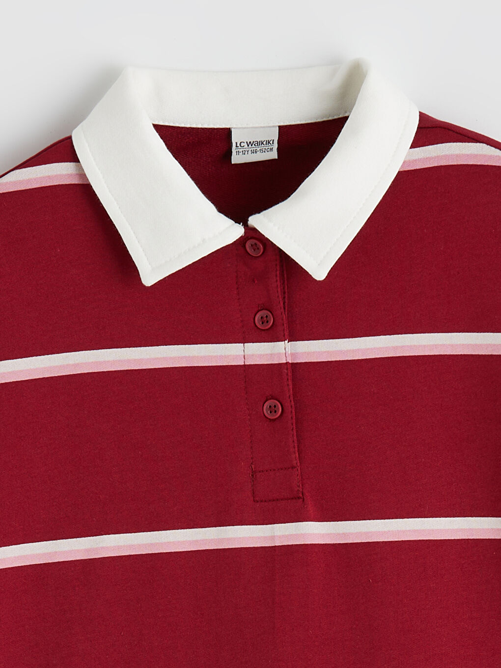 Bordo Polo Yaka Çizgili Kız Çocuk Tişört-1
