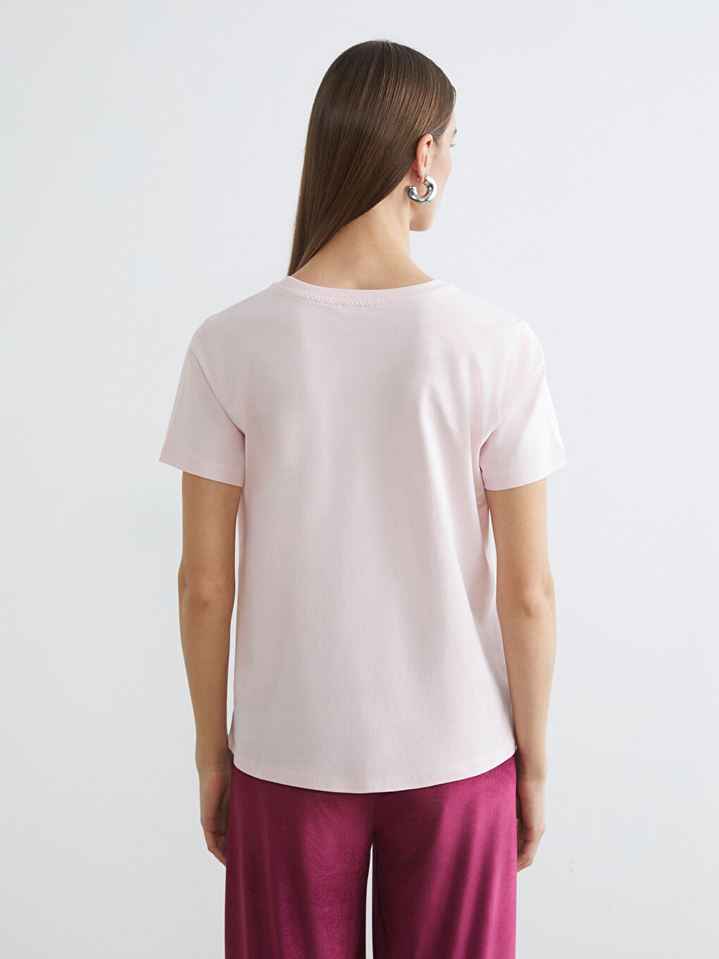 Pembe Bisiklet Yaka Kadın Tişört-3