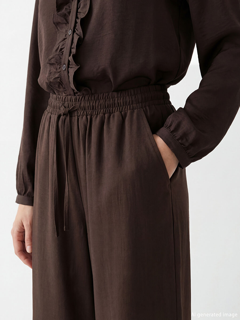 Kahverengi Beli Lastikli Geniş Paça Kadın Pantolon-2