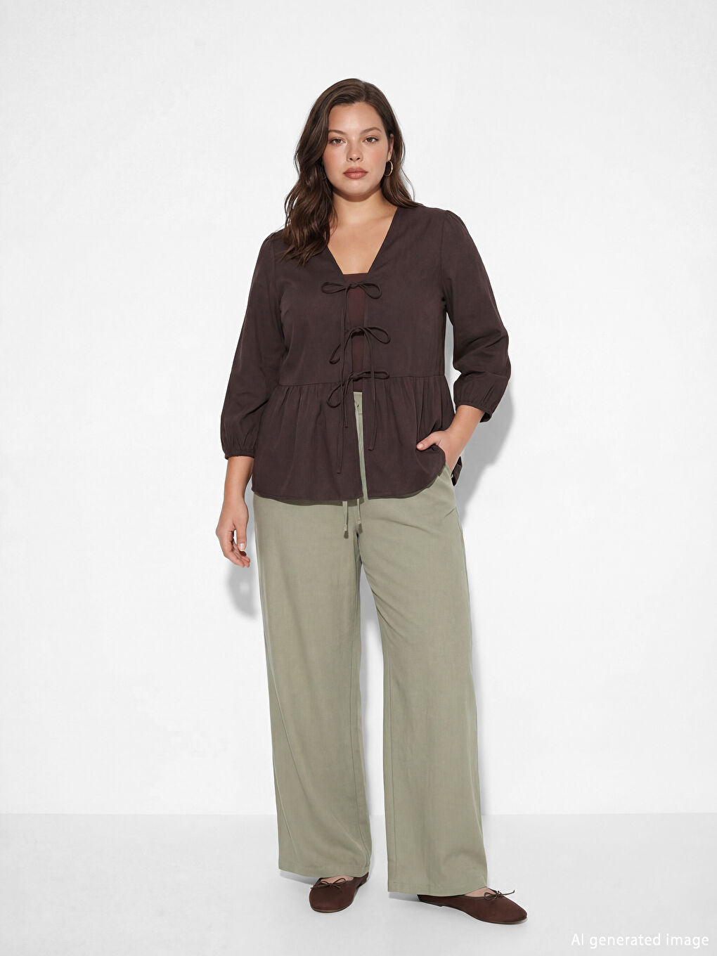 Yeşil Beli Lastikli Geniş Paça Kadın Pantolon