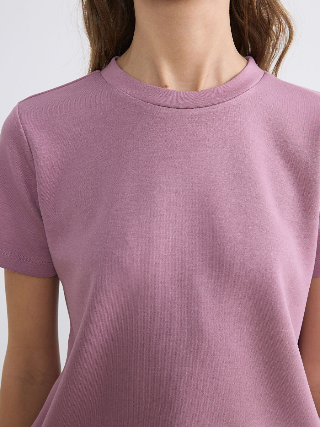 Pembe Bisiklet Yaka Soft Touch Kadın Tişört	-2