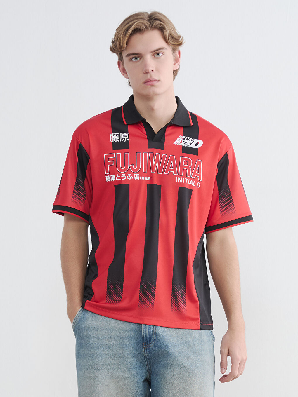 Kırmızı  Polo Yaka Initial D Baskılı Erkek Tişört