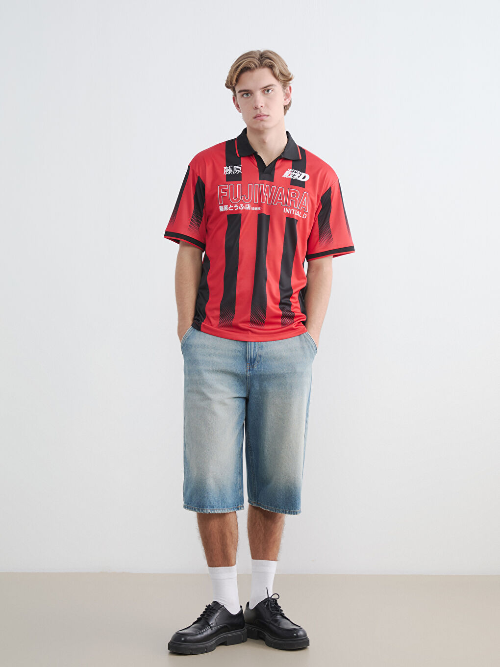 Kırmızı  Polo Yaka Initial D Baskılı Erkek Tişört-1