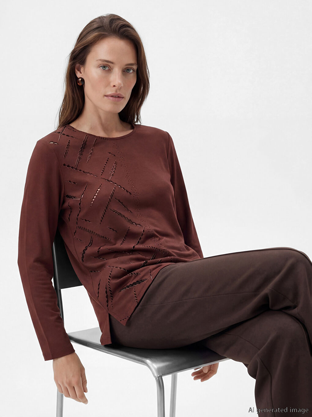 Kahverengi Bisiklet Yaka Taşlı Bluz