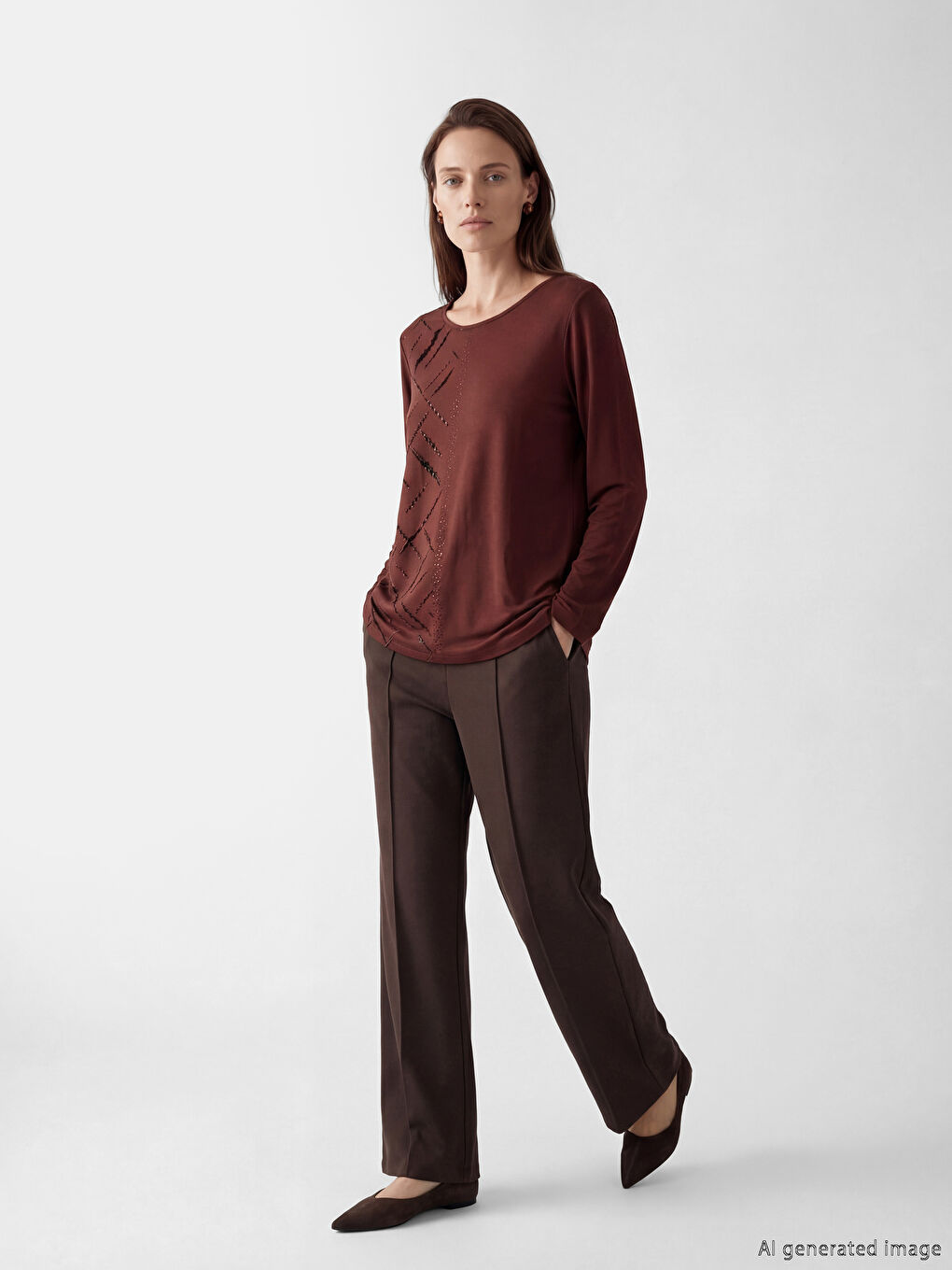 Kahverengi Bisiklet Yaka Taşlı Bluz-3