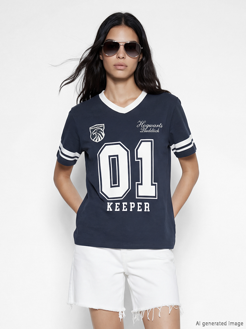 Lacivert V Yaka Harry Potter Baskılı Oversize Kadın Tişört