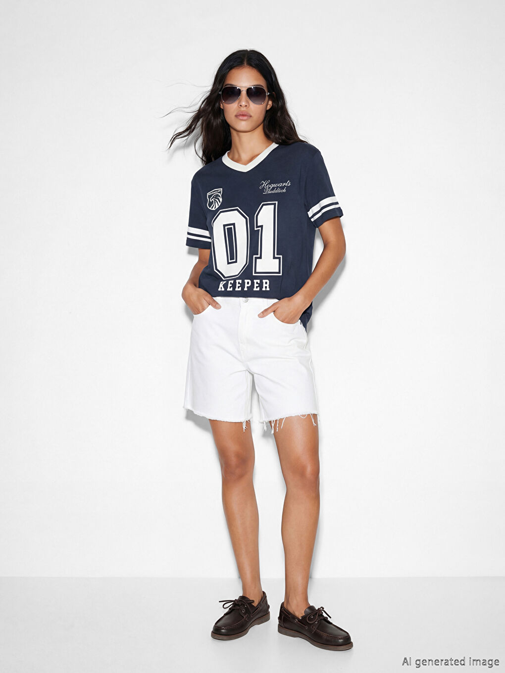 Lacivert V Yaka Harry Potter Baskılı Oversize Kadın Tişört-1