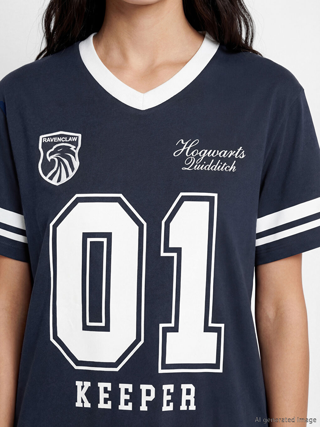 Lacivert V Yaka Harry Potter Baskılı Oversize Kadın Tişört-2