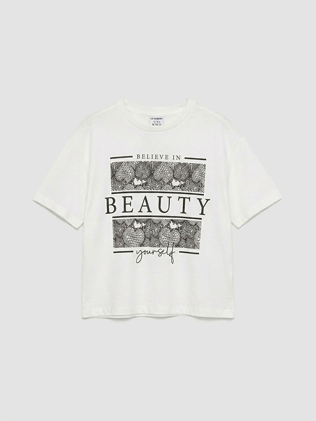 Beyaz Bisiklet Yaka Baskılı Kız Çocuk Tişört