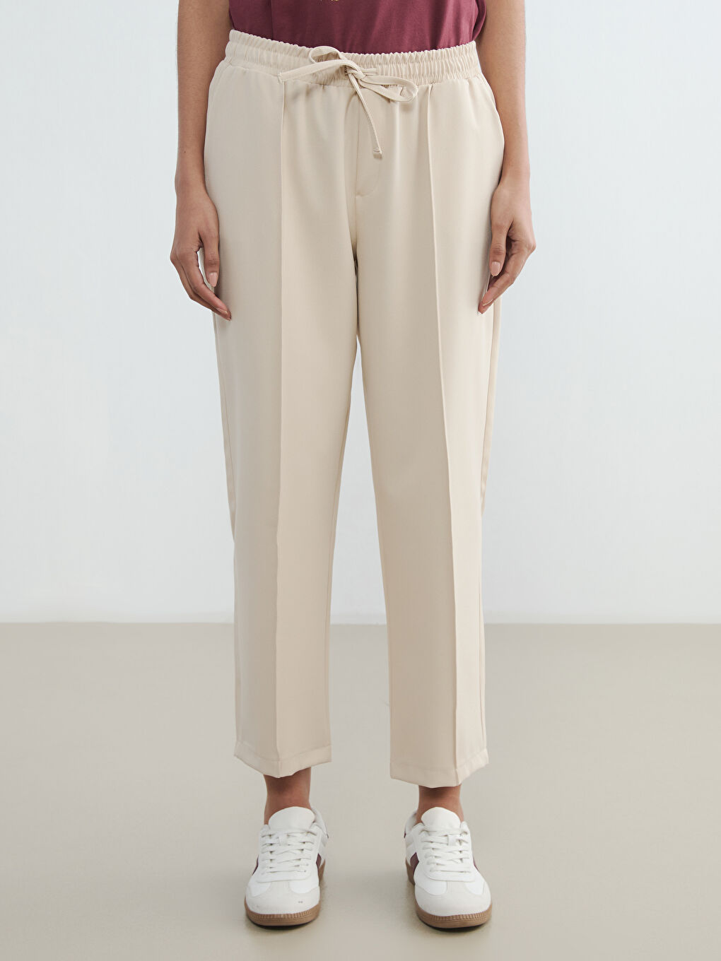 Bej Beli Lastikli Kadın Pantolon-1