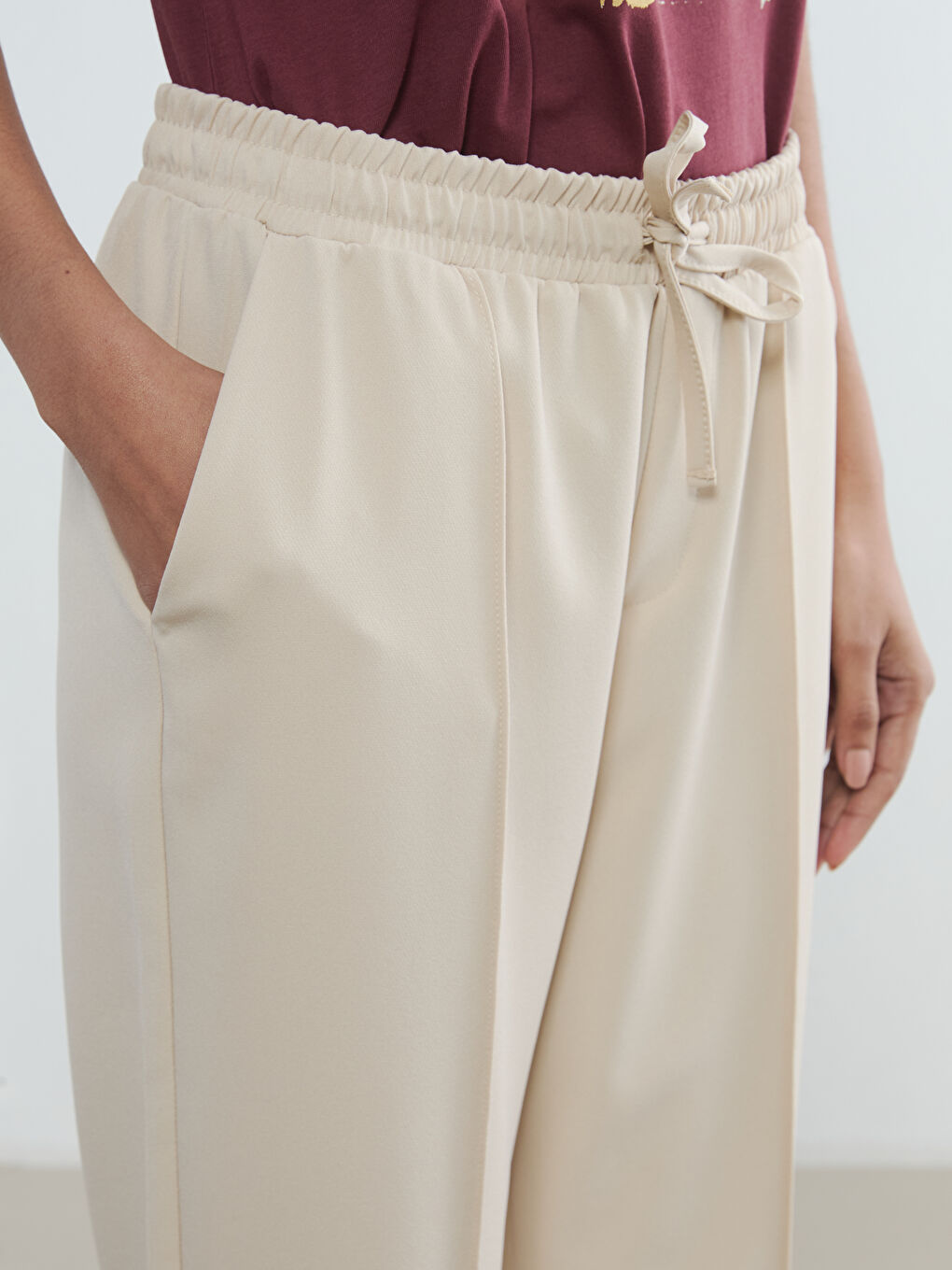 Bej Beli Lastikli Kadın Pantolon-2