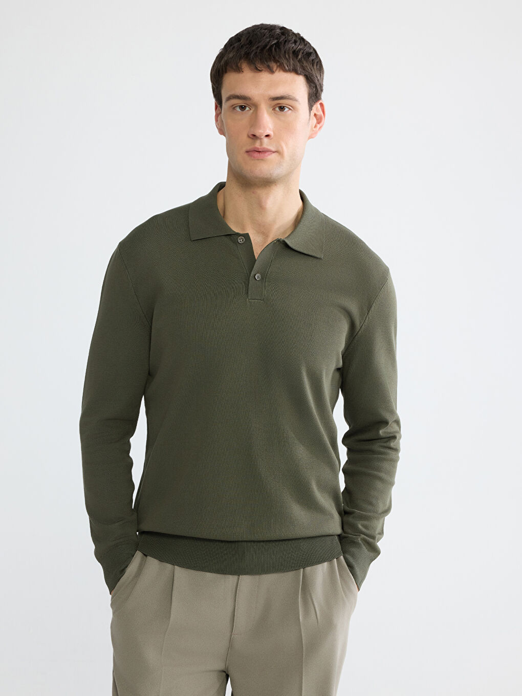 Haki Polo Yaka Triko Erkek Kazak-1