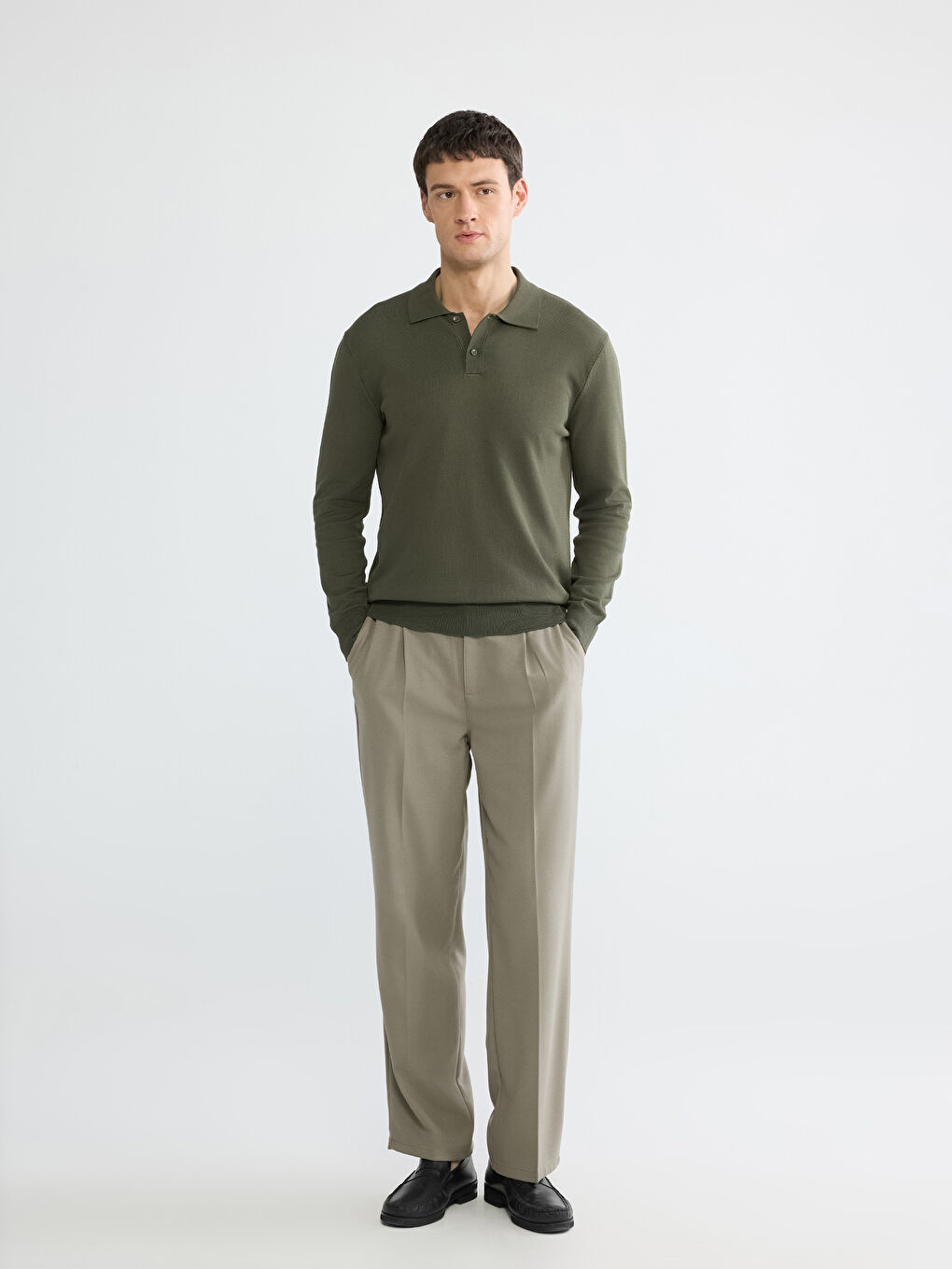 Haki Polo Yaka Triko Erkek Kazak-2